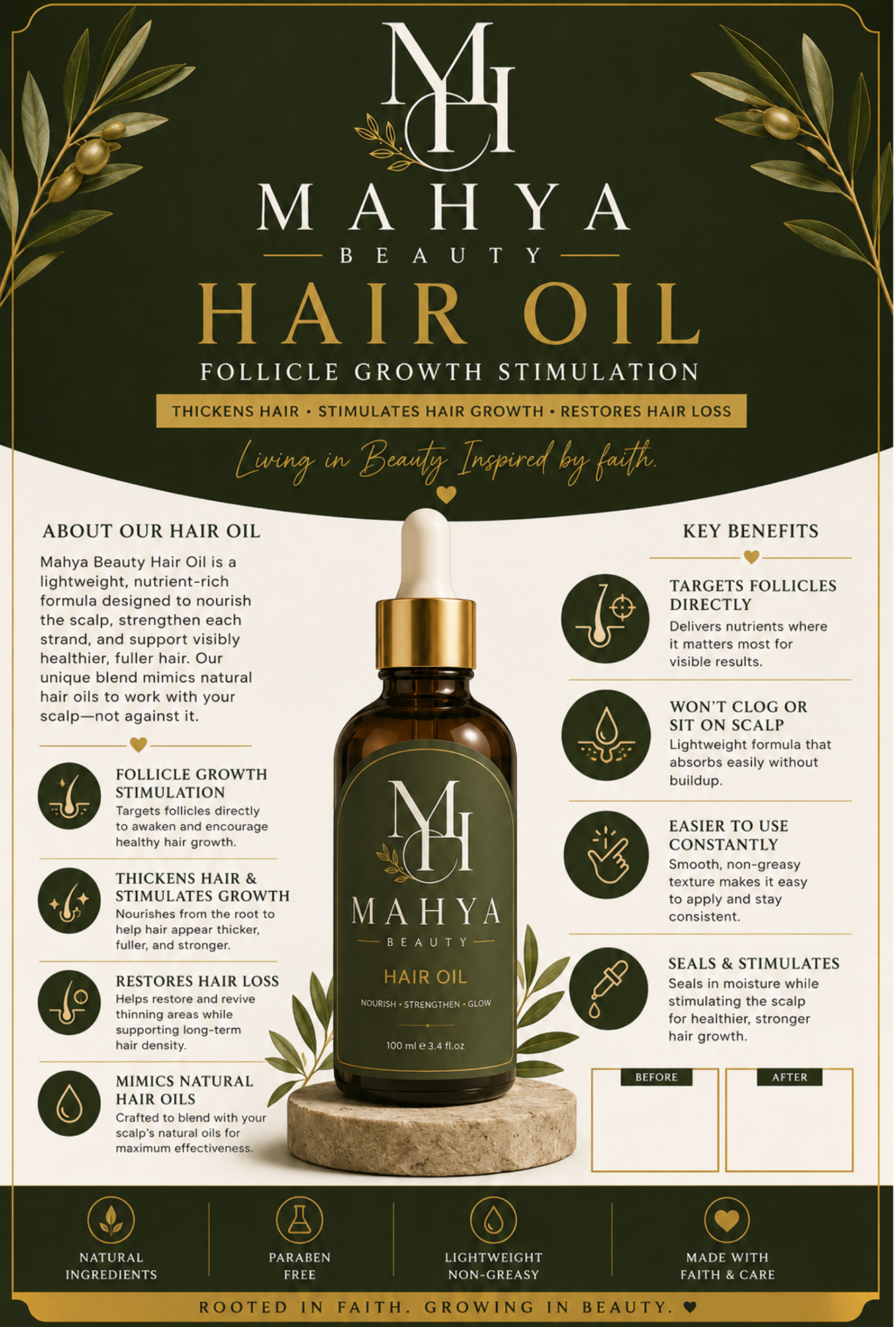 Mahya Beauty Hair Oil. Follicle growth stimulation. Nourish, strengthen, and grow.